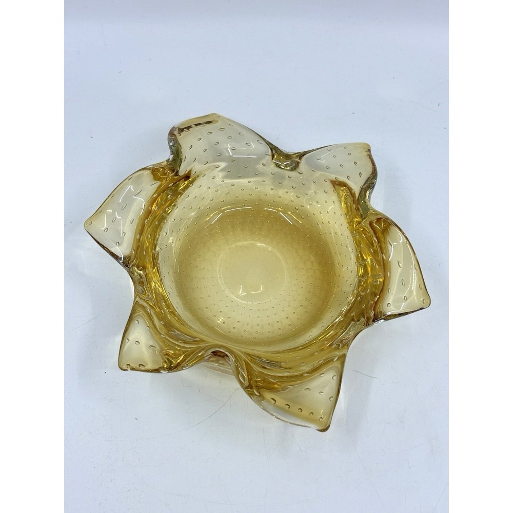 Vintage Murano Bullicante Controlled Bubble Art Glass Amber Yellow Ashtray Bowl